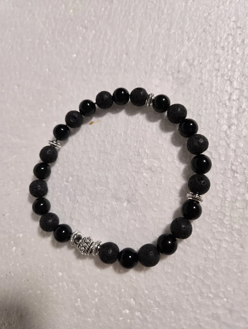Handcrafted Black Bead Stretch Bracelet with Silver Accent Beads